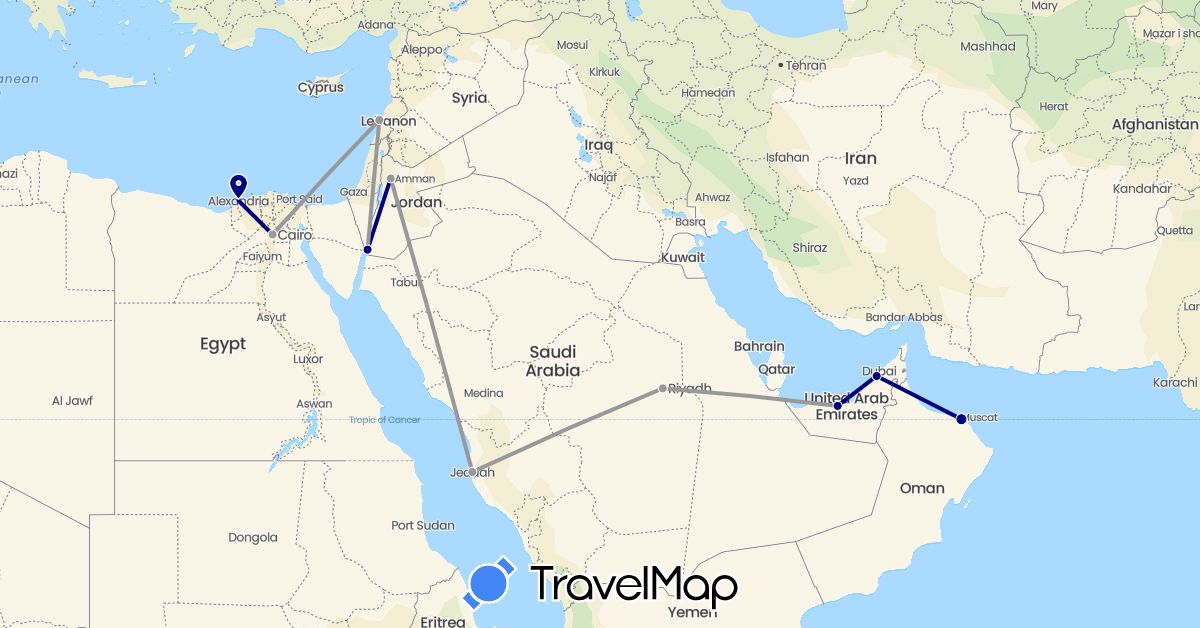 TravelMap itinerary: driving, plane in United Arab Emirates, Egypt, Jordan, Lebanon, Oman, Saudi Arabia (Africa, Asia)